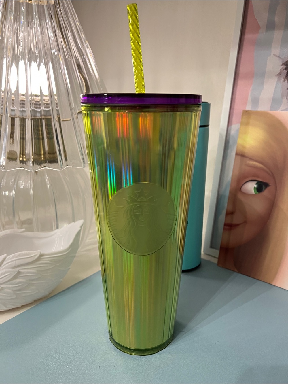 Starbucks Iridescent Lime Green Tumbler with Purple Lid and Yellow Straw